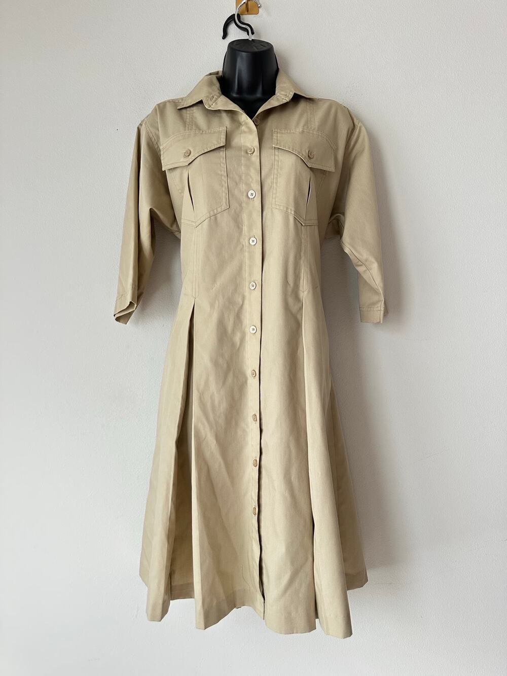 Vintage 70s Khaki Safari Shirt Dress Utility Fit Flare Midi Made USA L